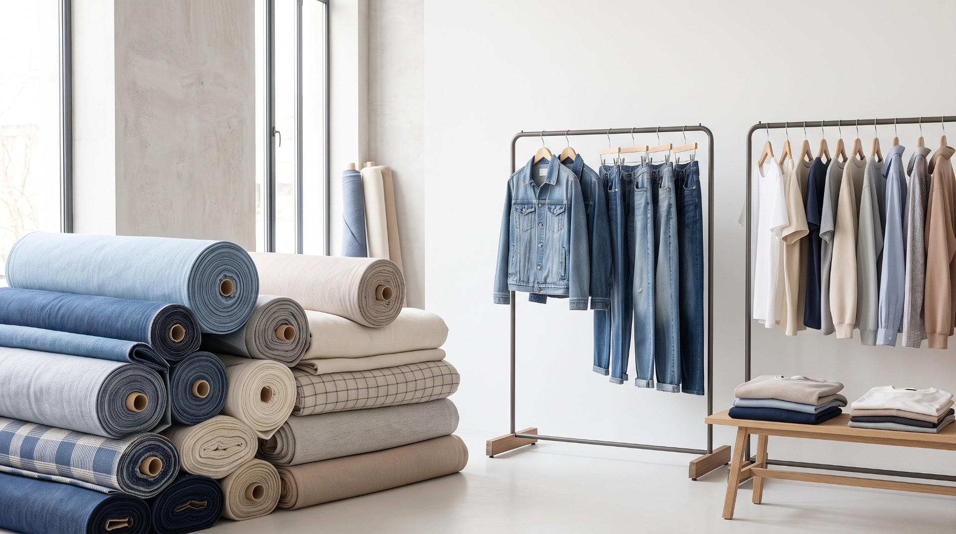 Fabric rolls and garments in a bright studio